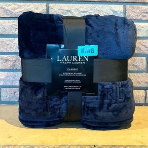 RALPH LAUREN King Logo Micromink Navy Blue Fleece Blanket